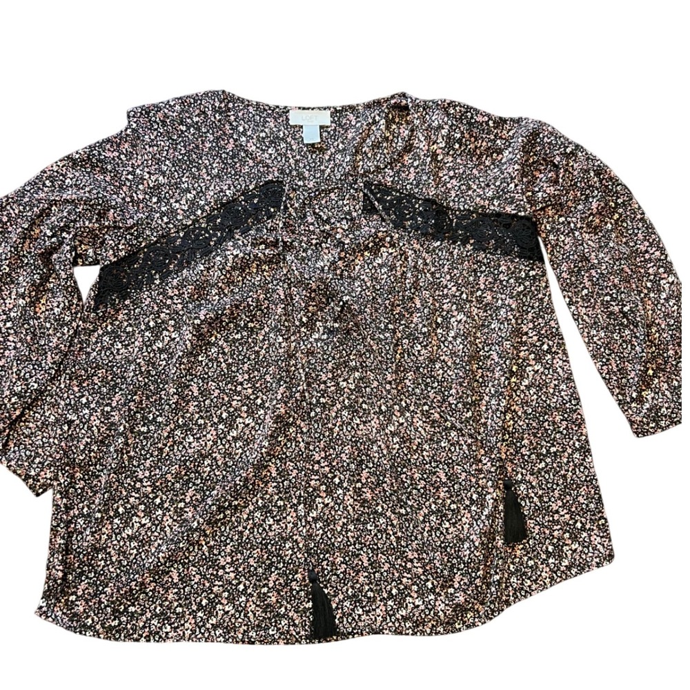 LOFT Outlet Blouse XS Floral Black Pink Lace Trim Long‎ Sleeve Top Boho Feminine